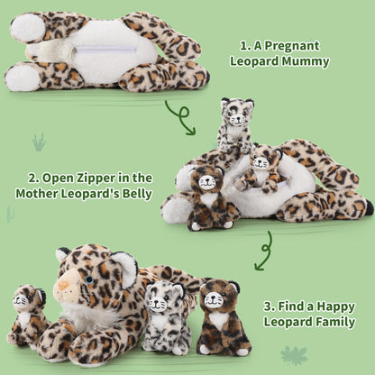 MorisMos Snow Leopard Soft Toy with Babies inside, Lifelike Leopard Teddy Stuffed Animal Plush Toy Cuddly, Kawaii Presents for Kids Girls Boys Children Christmas Birthday Party Decorations (45cm)