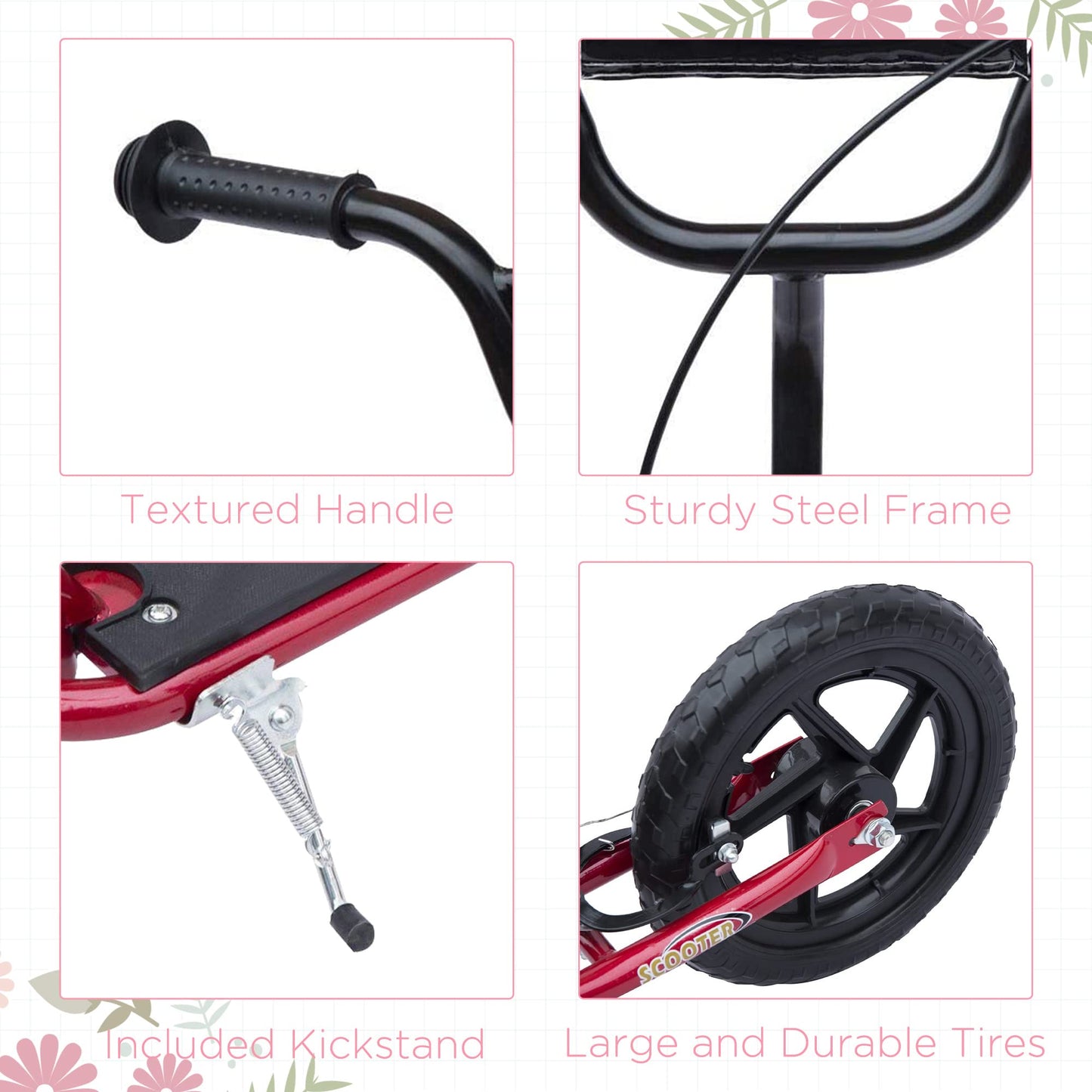 HOMCOM Kids Scooter, Toddler Kick Scooter with Adjustable Handlebar, 12" EVA Tyres, Rear Brake, for Age 5-12 Years, Red