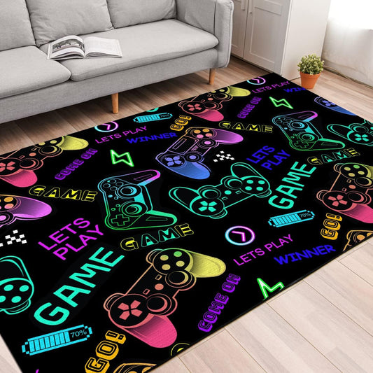 SMXVRC color game console kids rug, 60x110cm, soft fade-resistant gaming carpet with game controller design for living room.