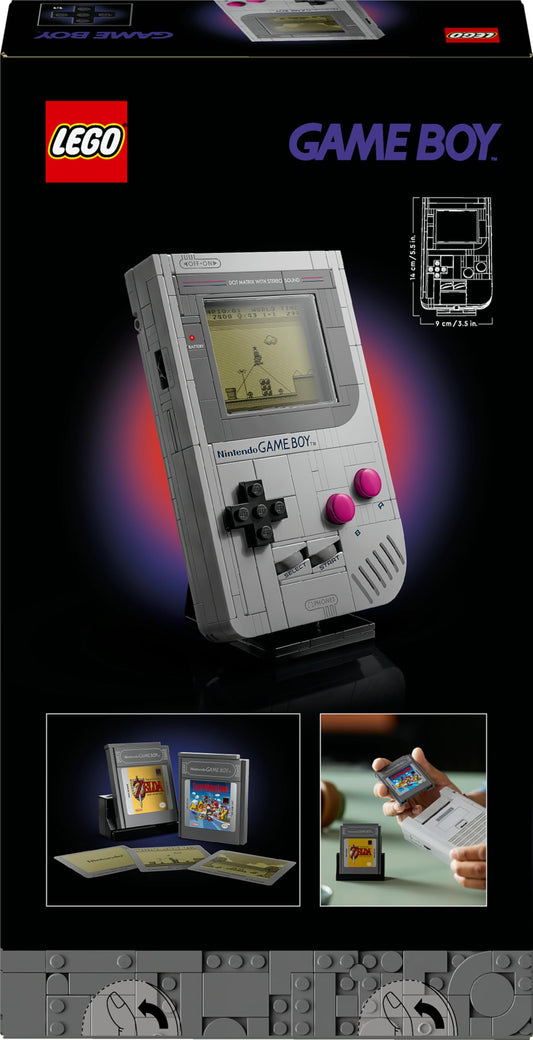 LEGO Super Mario Game Boy building set for adults, featuring two cartridges and lenticular screens displayed together.