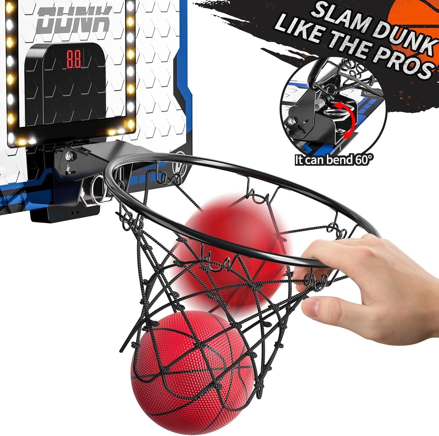 TEMI Indoor Basketball Hoop for Kids, LED Light Door Basketball Hoop, Mini Backboard with Electronic Scoreboard & 4 Balls, Basketball Kids Gift 5 6 7 8 9 10 11 12 Year Old Boys Girls Teen