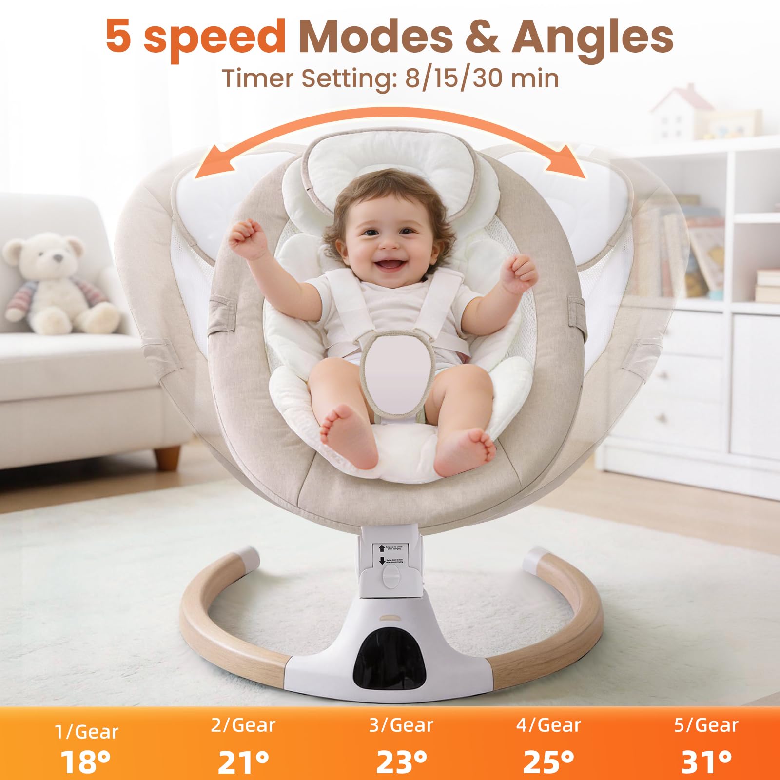 Beige electric baby swing chair from CozyDwell, portable newborn bouncer with Bluetooth, 5 swing speeds, adjustable angles, remote control