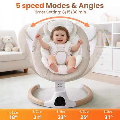 Beige electric baby swing chair from CozyDwell, portable newborn bouncer with Bluetooth, 5 swing speeds, adjustable angles, remote control