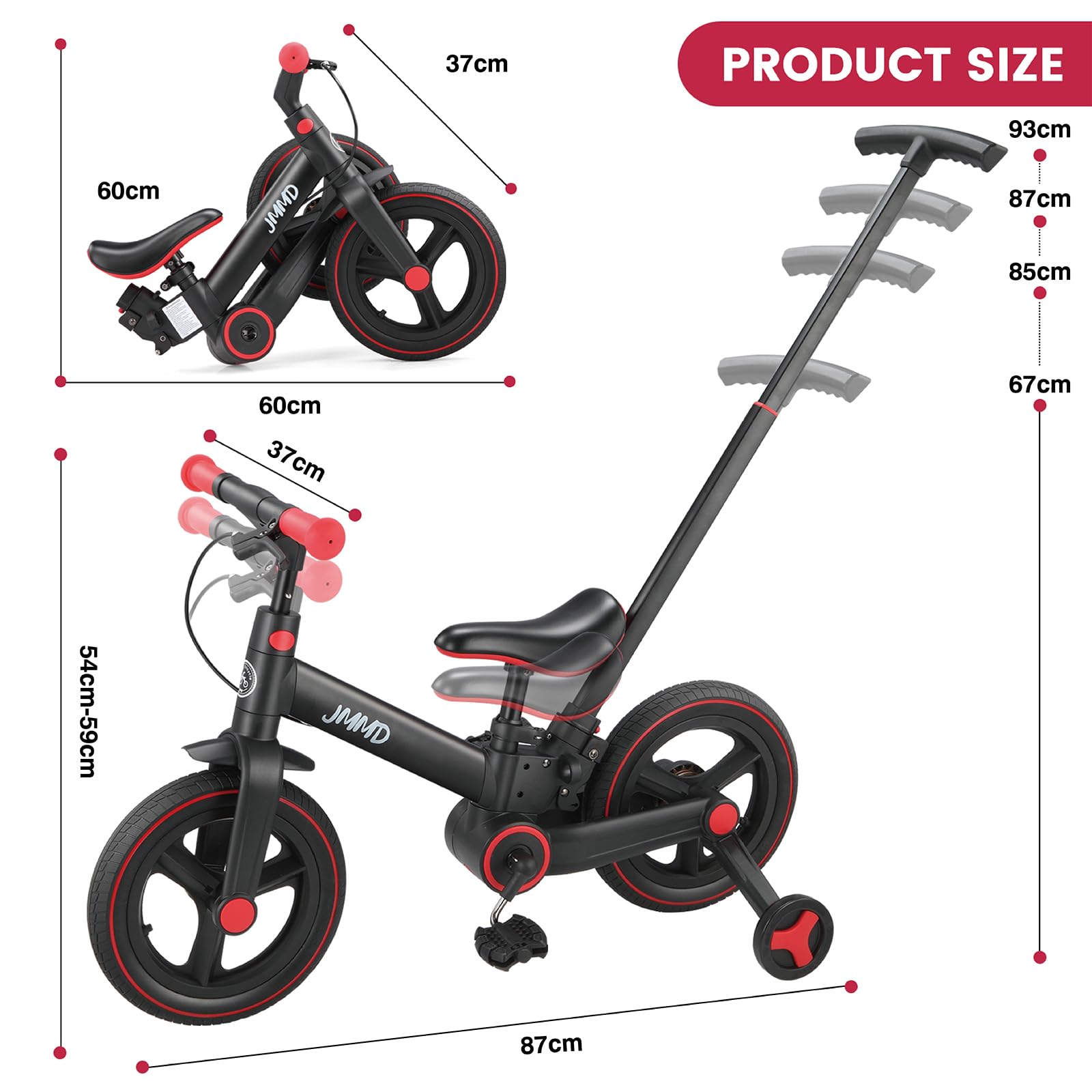 JMMD 6-in-1 toddler bike with training wheels, pedals, and adjustable parent handle in vibrant colors for kids aged 18 months to 5 years.