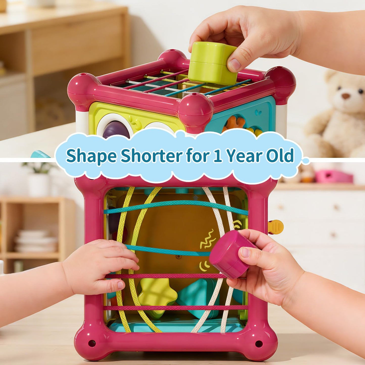 Colorful baby activity cube by Imagibox with shape sorter, music, pop-up bubbles, and sensory features for early learning ages 6-12 months.