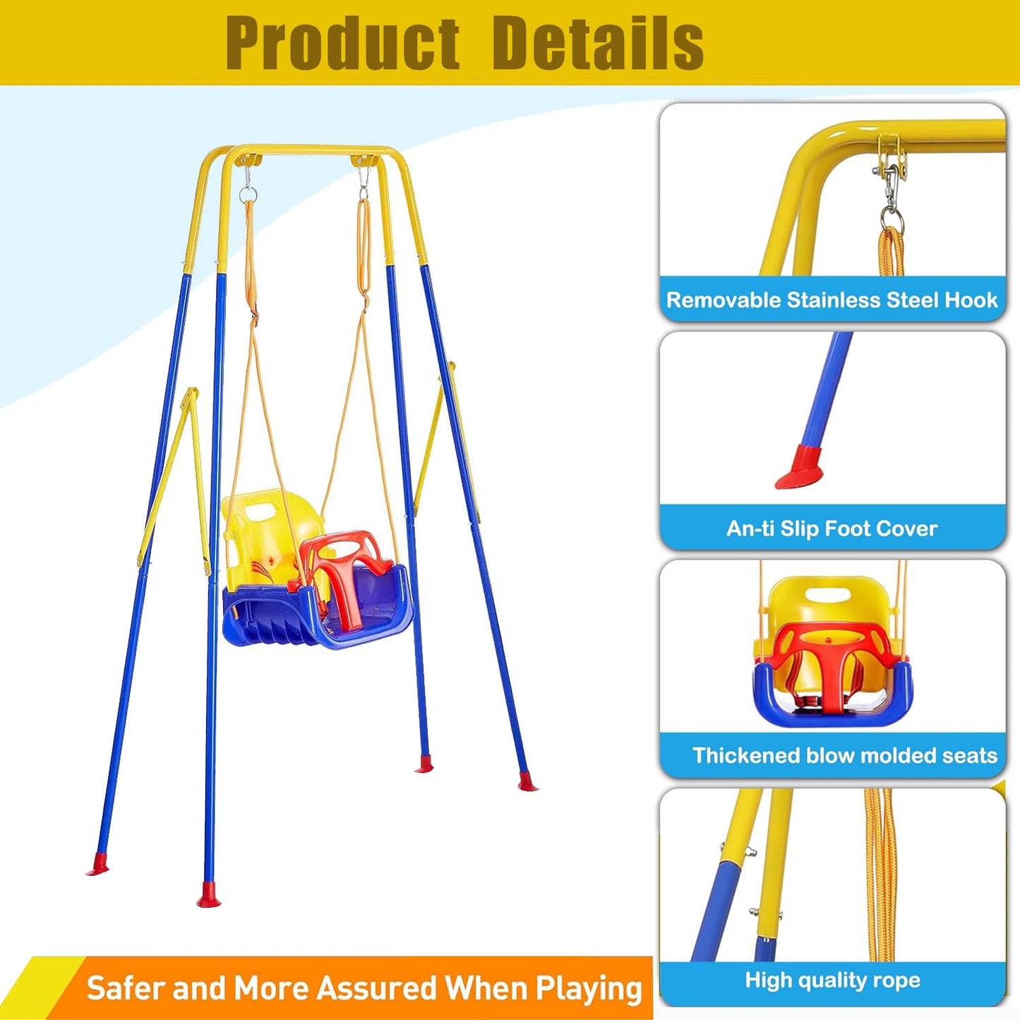 FCOUMY 3-in-1 toddler swing set with baby seat, outdoor and indoor garden swing for children, heavy-duty and foldable design.