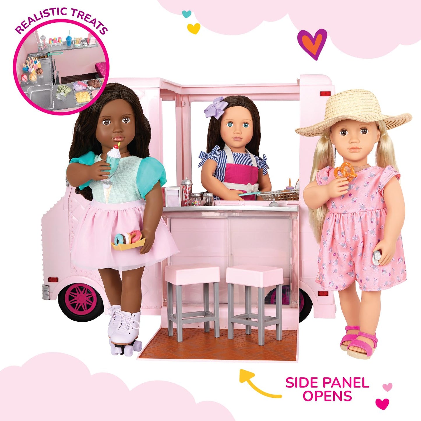 Our Generation pink ice cream truck playset with 129 accessories for 18-inch girl dolls, featuring colorful details.