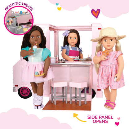Our Generation pink ice cream truck playset with 129 accessories for 18-inch girl dolls, featuring colorful details.