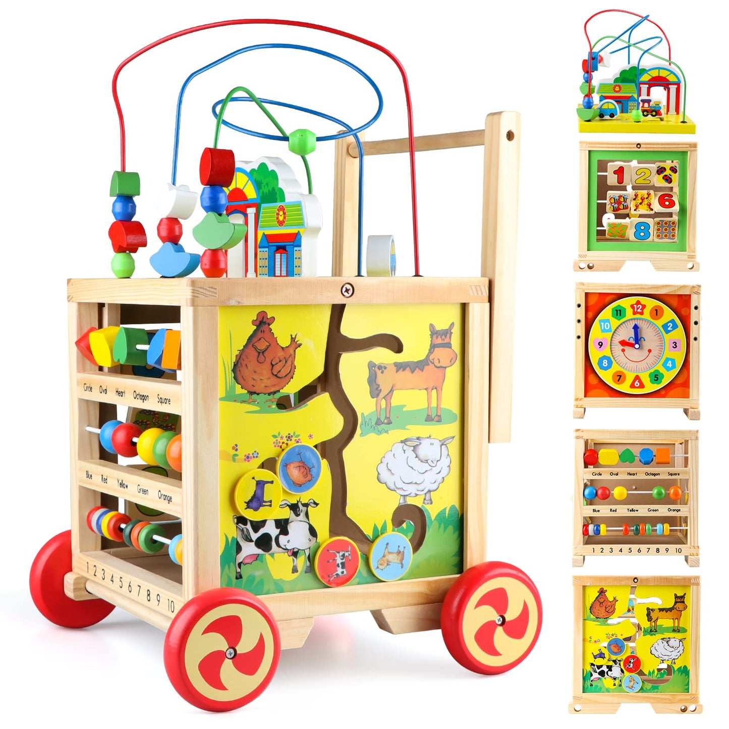 Wondertoys Wooden Activity Cube Center with 6-in-1 play features, ideal for babies learning and developing motor skills.
