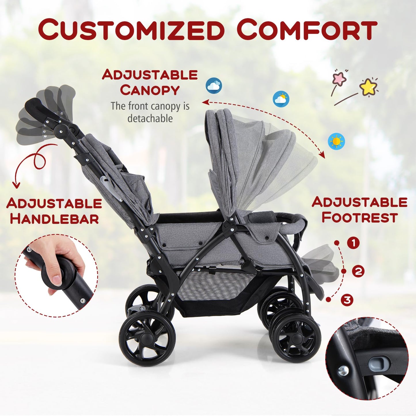 GYMAX Double Seat Stroller with Adjustable Push Handle, Detachable Canopy and Foot Rest, Foldable Baby Pushchair Buggy for Traveling, Going Shopping & Hanging Out (Grey)
