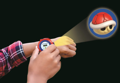 Lexibook Nintendo Mario Kart kids' projection watch with digital screen, featuring Mario Kart images in red and blue colors.