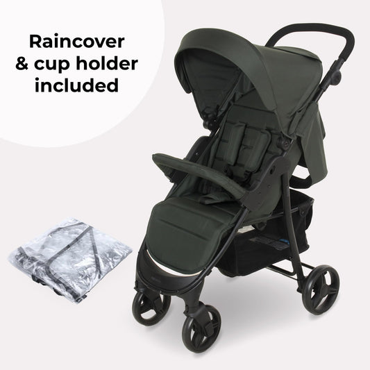 My Babiie MB30 Pushchair – from Birth to 4 Years (22kg), Easy Compact Fold, Large Shopping Basket, Adjustable Handle, Stroller Includes Cup Holder, Rain Cover – Forest Green