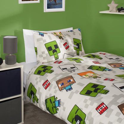 Minecraft Bedding Single, Bedroom Accessories for Boys Duvet Sets for Single Bed Duvet Reversible Characters A Minecraft Movie Gifts, Grey