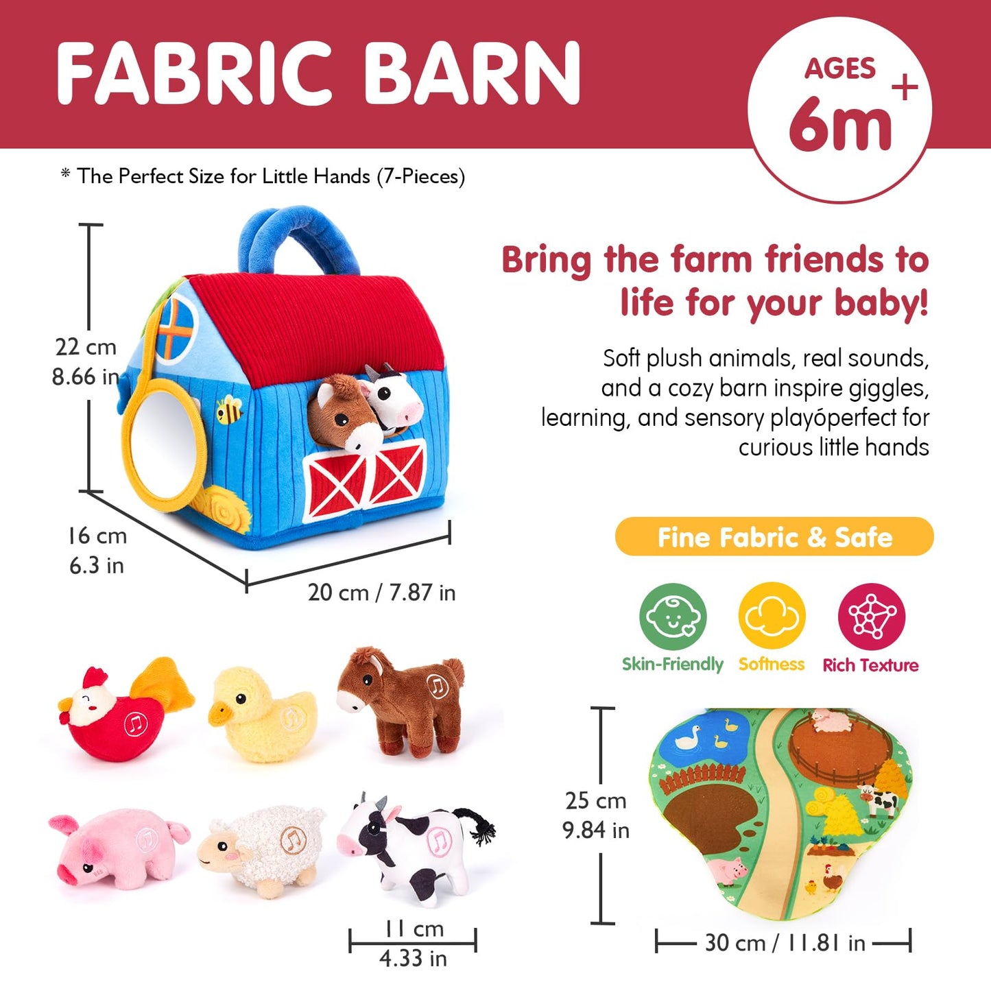 Plush farm animal sound toys in a colorful barn set for babies, featuring crinkle and mirror for sensory play.