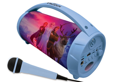 Lexibook Frozen wireless light speaker with microphone, stereo sound, karaoke, USB/SD ports, rechargeable battery, blue and purple.