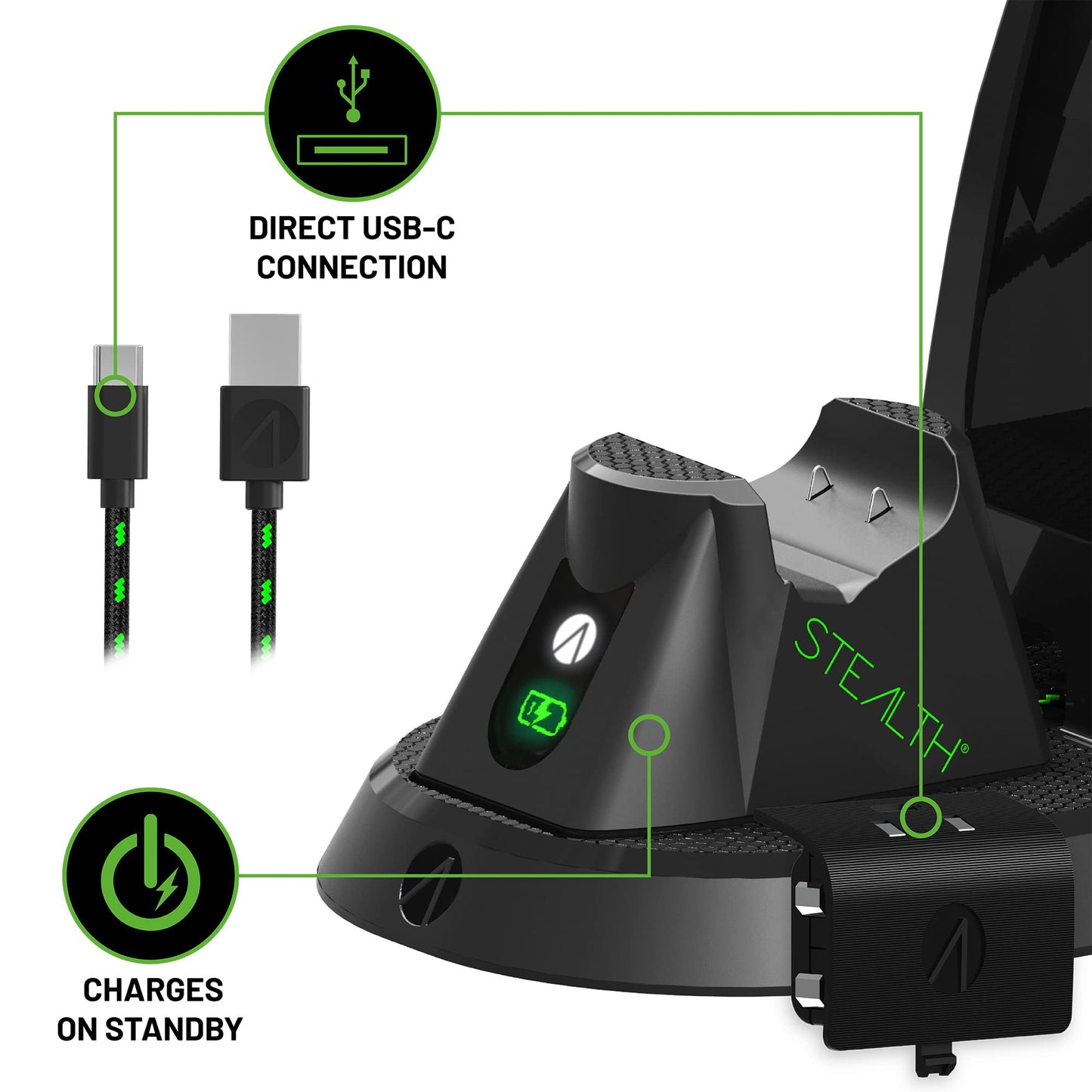 STEALTH Ultimate Gaming Station for Xbox Series X/S with matching headset, controller stand, braided USB-C cable, and rechargeable battery pack