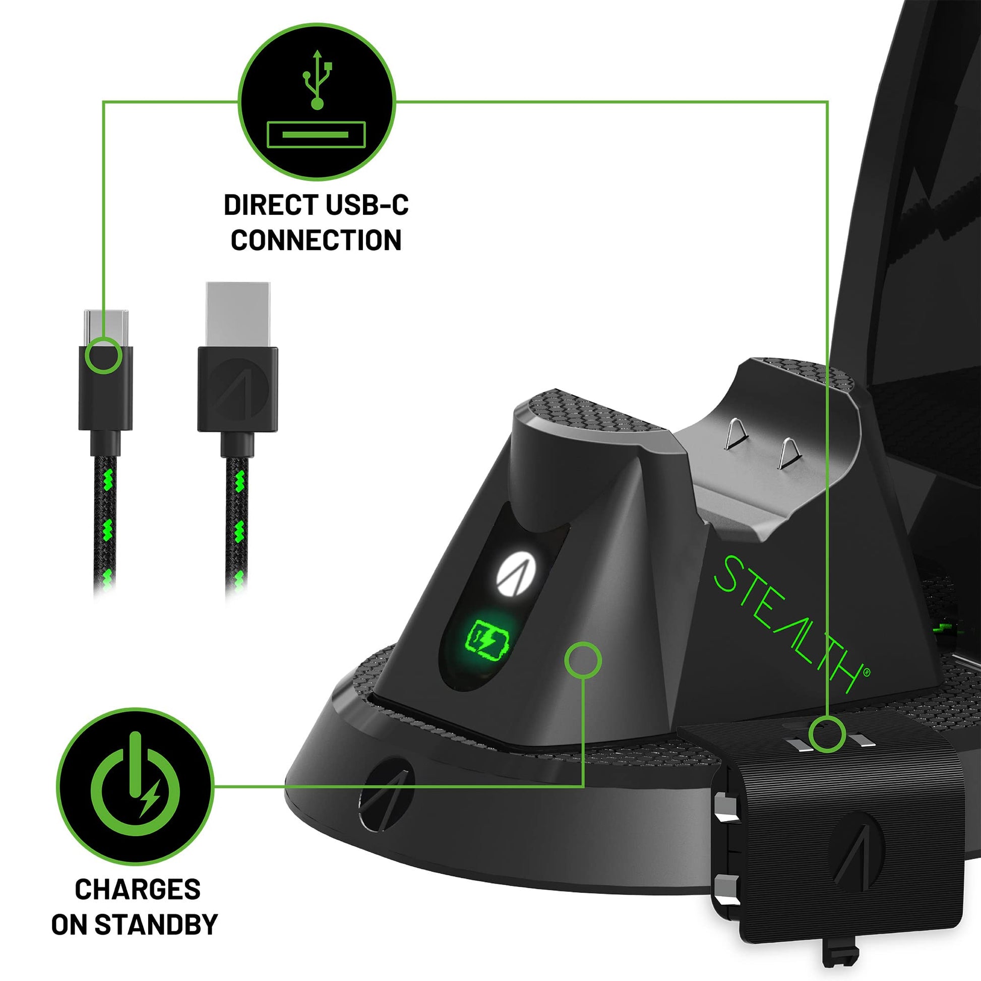 STEALTH Ultimate Gaming Station for Xbox Series X/S with matching headset, controller stand, braided USB-C cable, and rechargeable battery pack