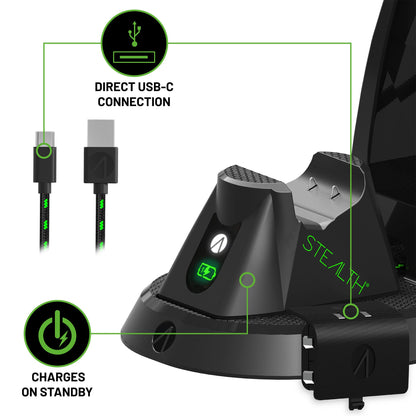 STEALTH Ultimate Gaming Station for Xbox Series X/S with matching headset, controller stand, braided USB-C cable, and rechargeable battery pack