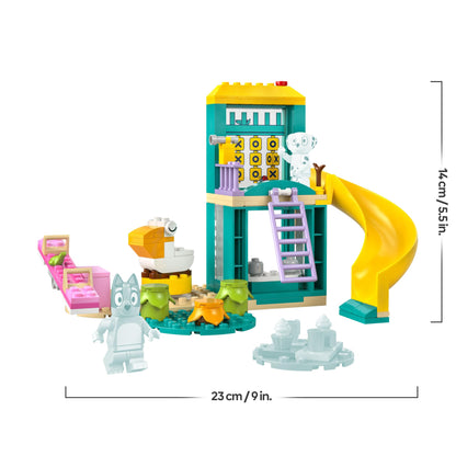 LEGO Bluey Playground Fun set featuring Bluey and Chloe minifigures, see-saw, slide, climbing frame, and plants.