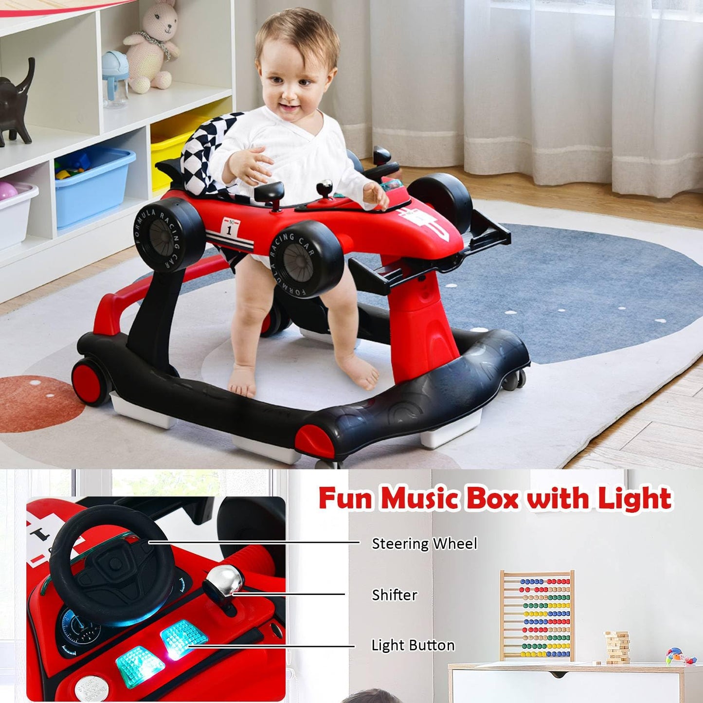 Maxmass Baby Walker, 4 in 1 Infant Sit-to-Stand Walker with Adjustable Height & Speed, Steering Wheels, Detachable Seat Cushion, Foldable Toddler Activity Walkers for Boy Girl 6-18 Months (Red)