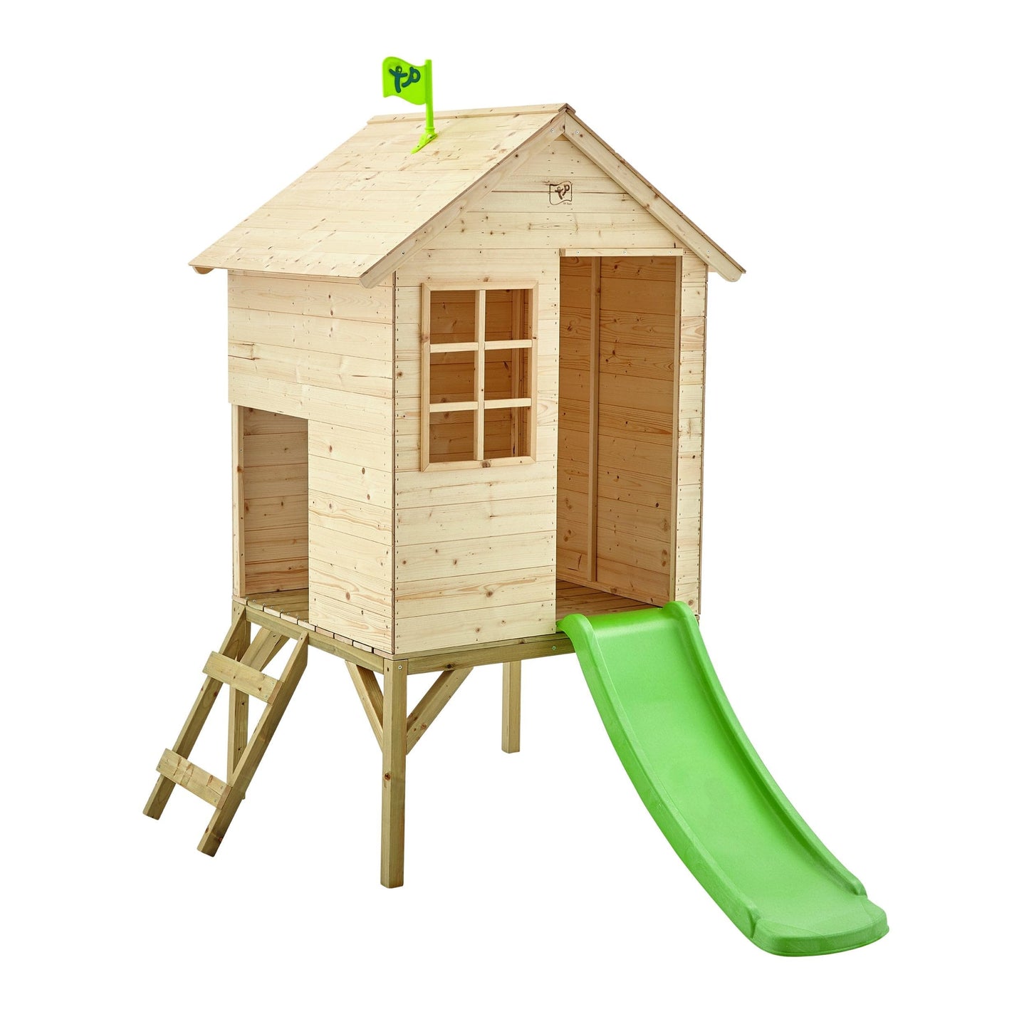 TP Toys Sunnyside Wooden Tower Playhouse with 1.2m slide, outdoor kids' garden playhouse made from FSC European wood, sturdy and safe.