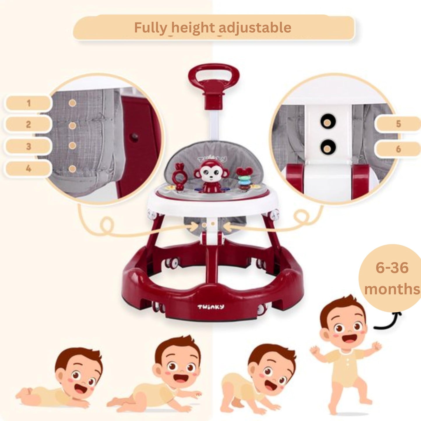 Twinky® baby walker with retractable push handle, play set, music, and floor mat, suitable for 6+ months with adjustable height.