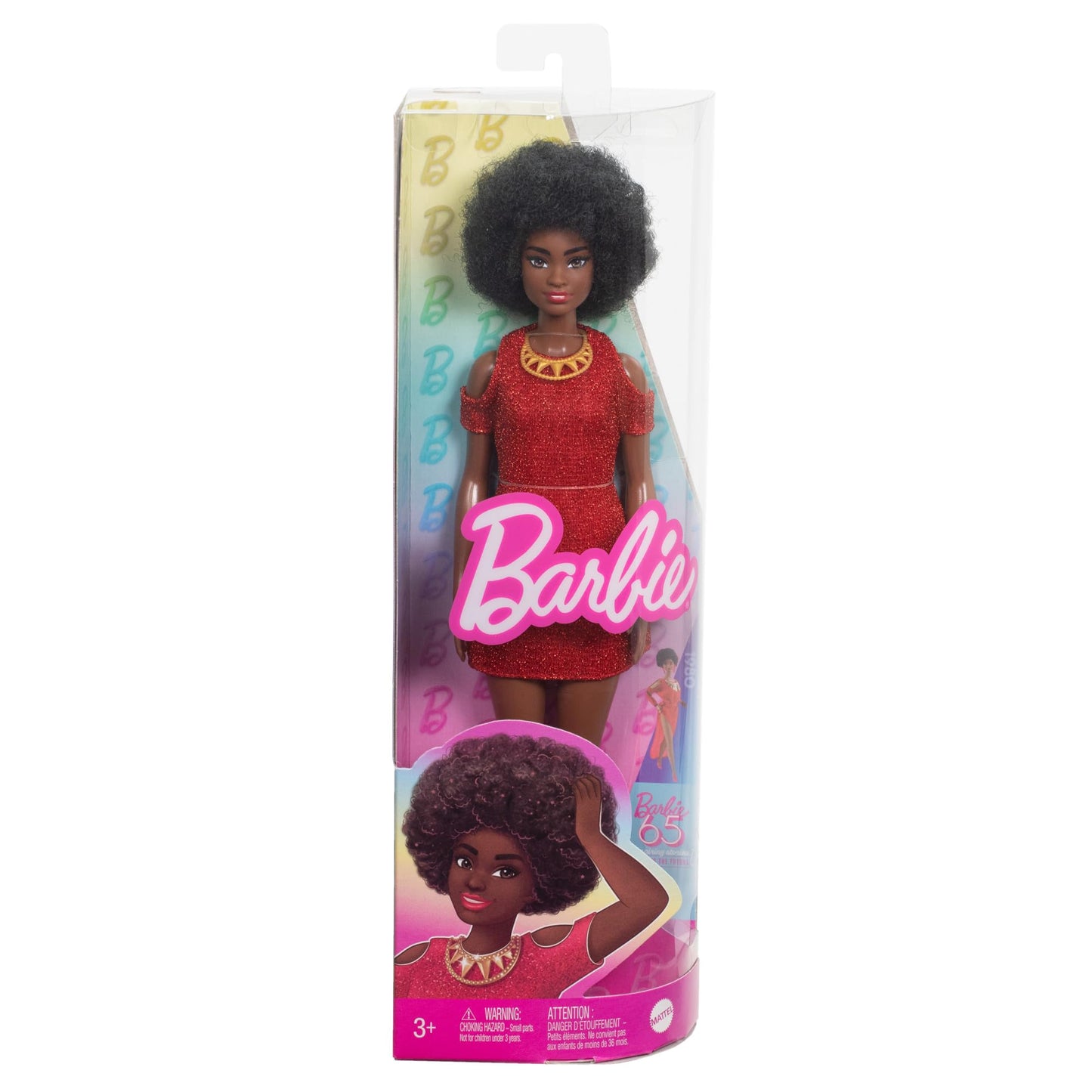 Barbie Fashionistas Doll #221 with natural black hair in a removable red dress and accessories, 65th anniversary collectible toy.