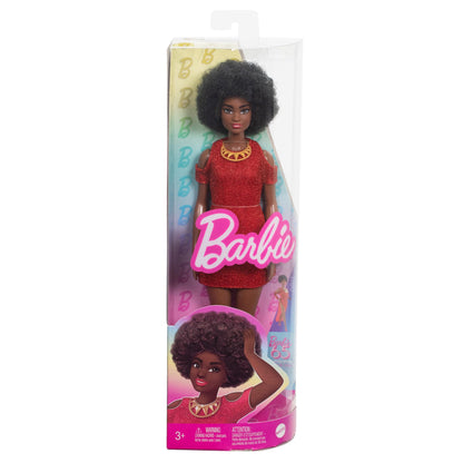 Barbie Fashionistas Doll #221 with natural black hair in a removable red dress and accessories, 65th anniversary collectible toy.