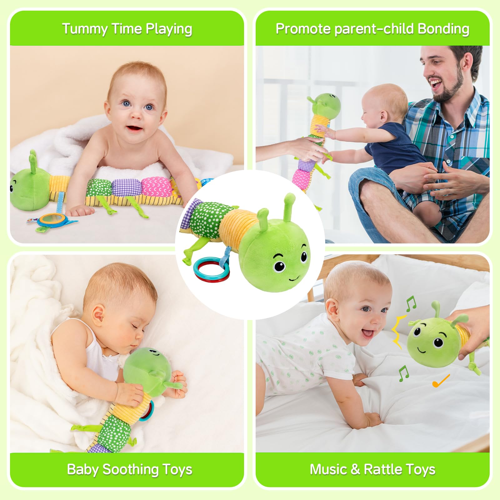 Accevo baby sensory toys including plush musical animals, crinkle caterpillar, baby mirror, and rattles for infants 0-12 months.