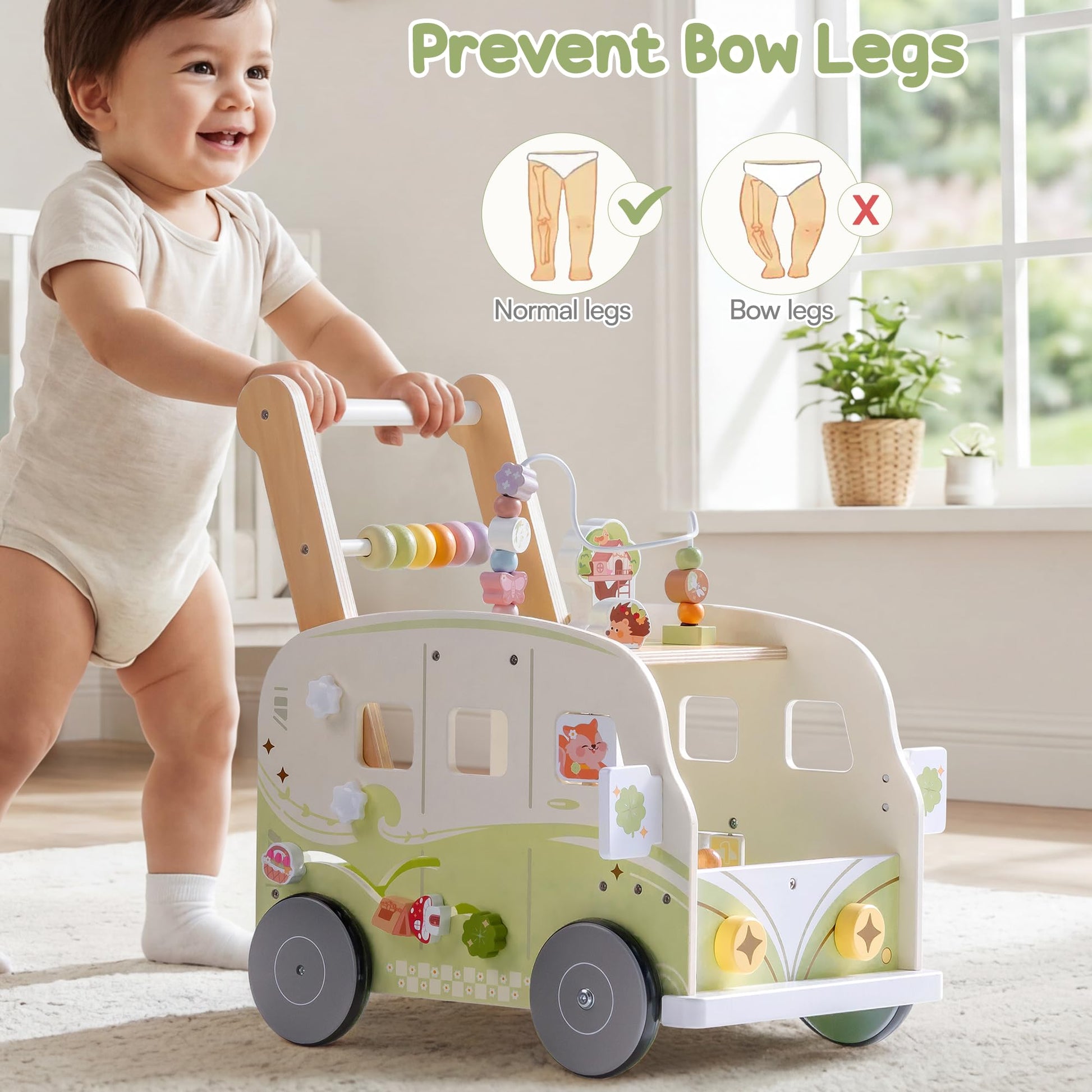 Robotime wooden baby walker in green with animal design, adjustable height and speed, push toy for toddlers age 10-36 months.