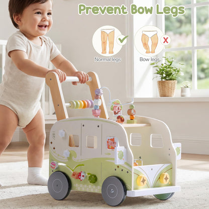 Robotime wooden baby walker in green with animal design, adjustable height and speed, push toy for toddlers age 10-36 months.