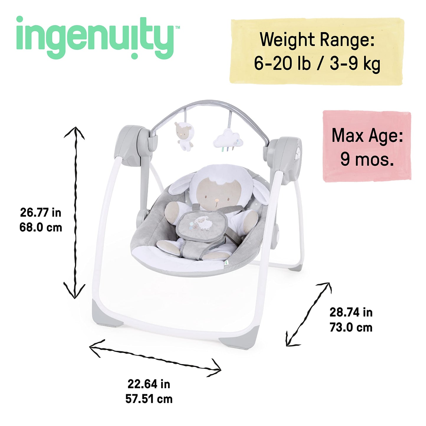 Ingenuity Comfort 2 Go Compact Portable 6-Speed Baby Swing with Music, Folds for Easy Travel - Cuddle Lamb, 0-9 Months