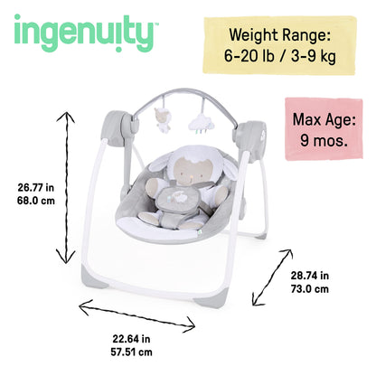 Ingenuity Comfort 2 Go Compact Portable 6-Speed Baby Swing with Music, Folds for Easy Travel - Cuddle Lamb, 0-9 Months