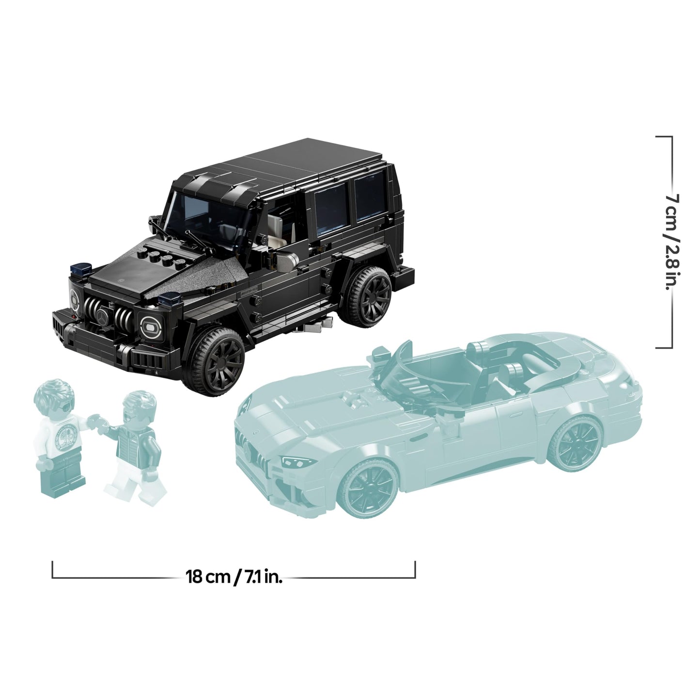 LEGO Speed Champions set featuring Mercedes-AMG G 63 and SL 63 car toys with two driver minifigures for kids.