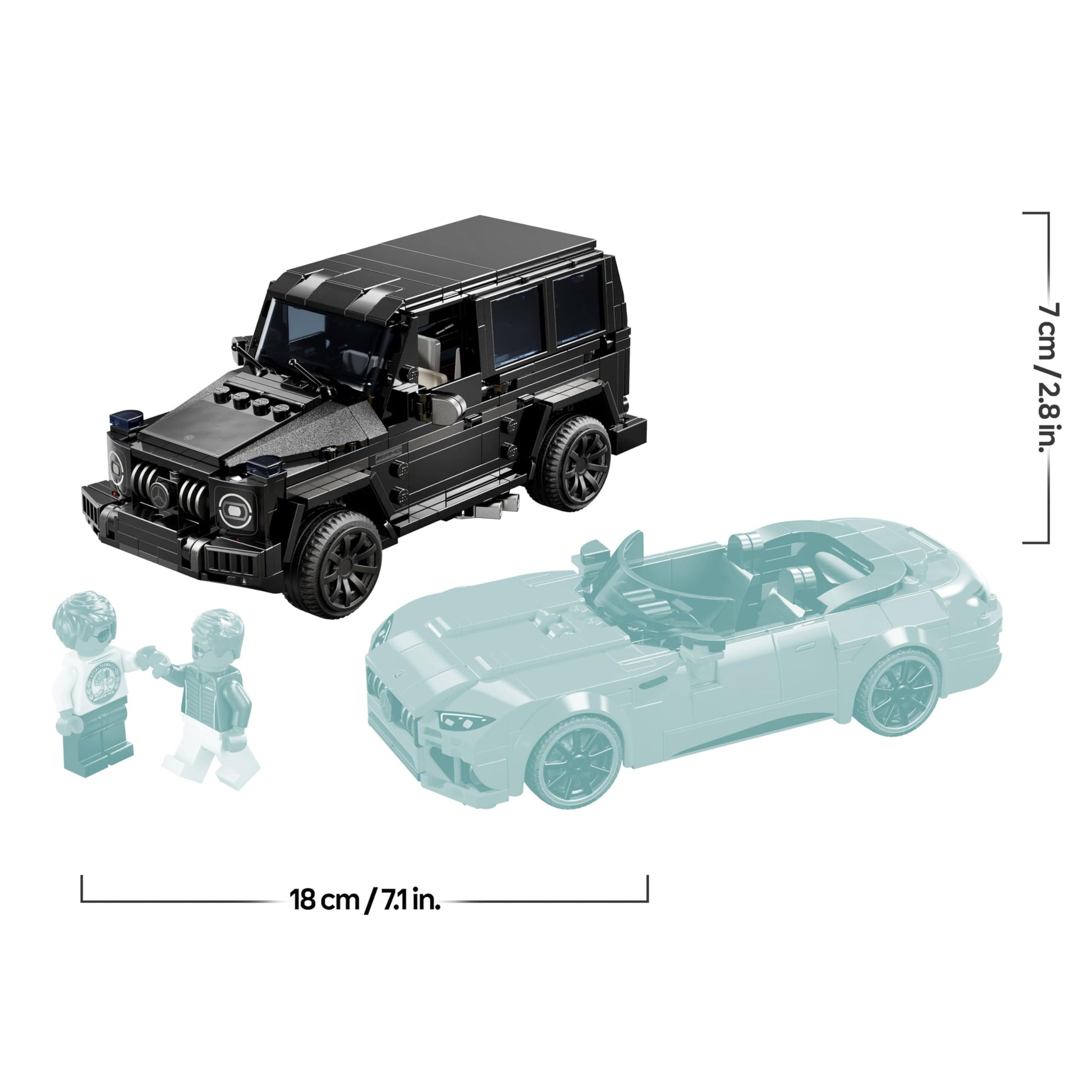 LEGO Speed Champions set featuring Mercedes-AMG G 63 and SL 63 car toys with two driver minifigures for kids.
