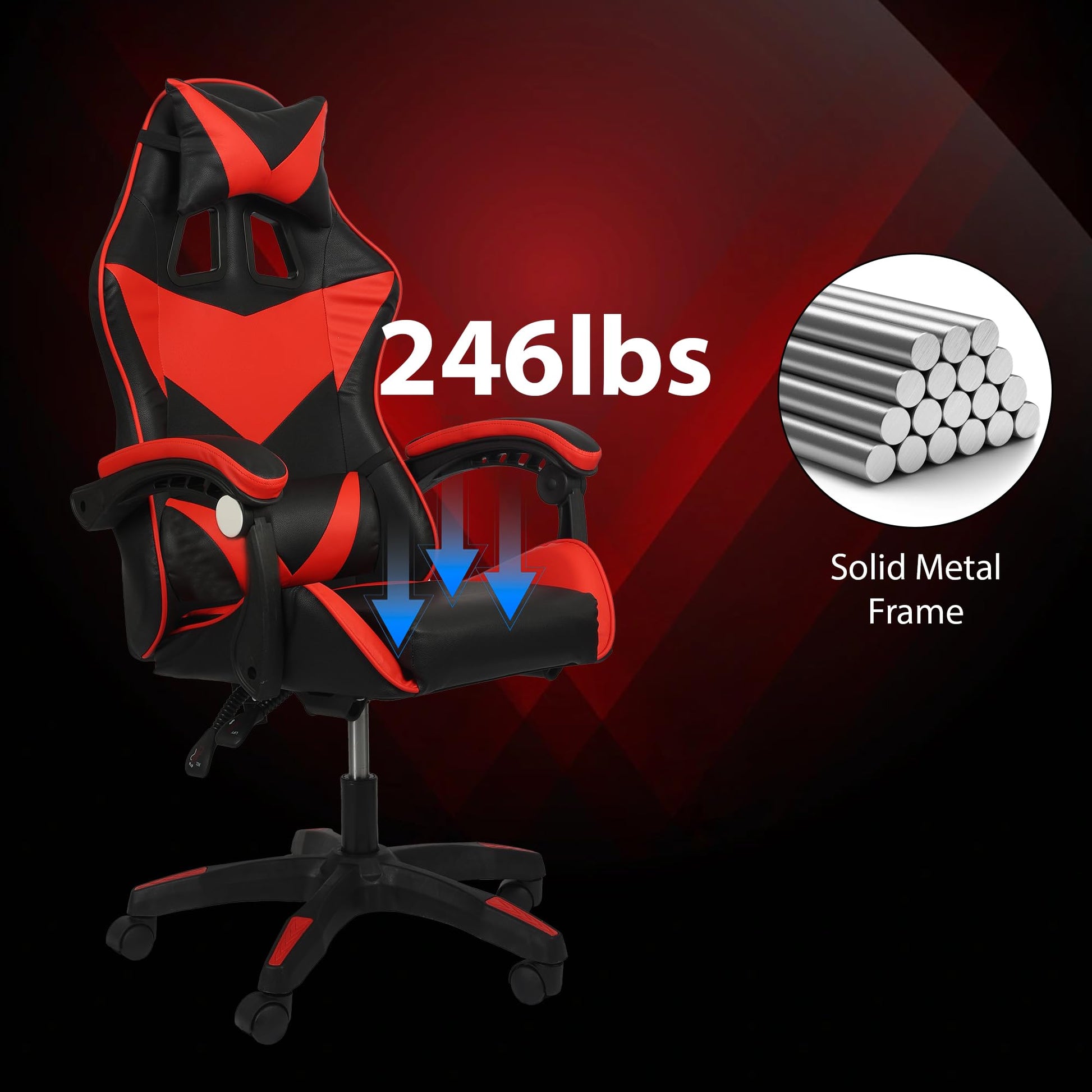 Black and red Shine Planet gaming chair with ergonomic design, lumbar support, adjustable headrest, and recline feature.
