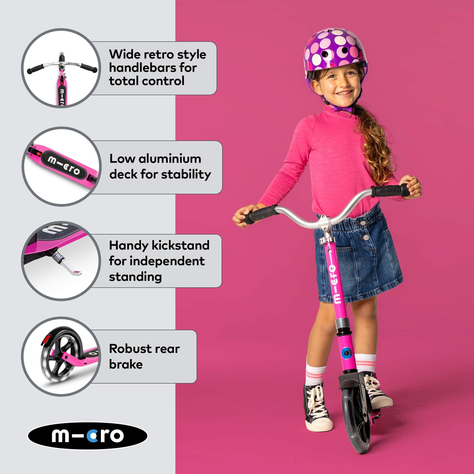 Pink Micro Cruiser LED children's scooter with adjustable handlebar, light-up wheels, and foldable design for ages 5-12.