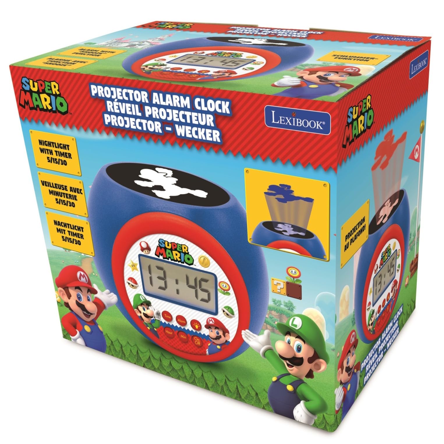 LEXIBOOK Nintendo Super Mario projector alarm clock with night light, LCD screen, snooze, and battery operation.