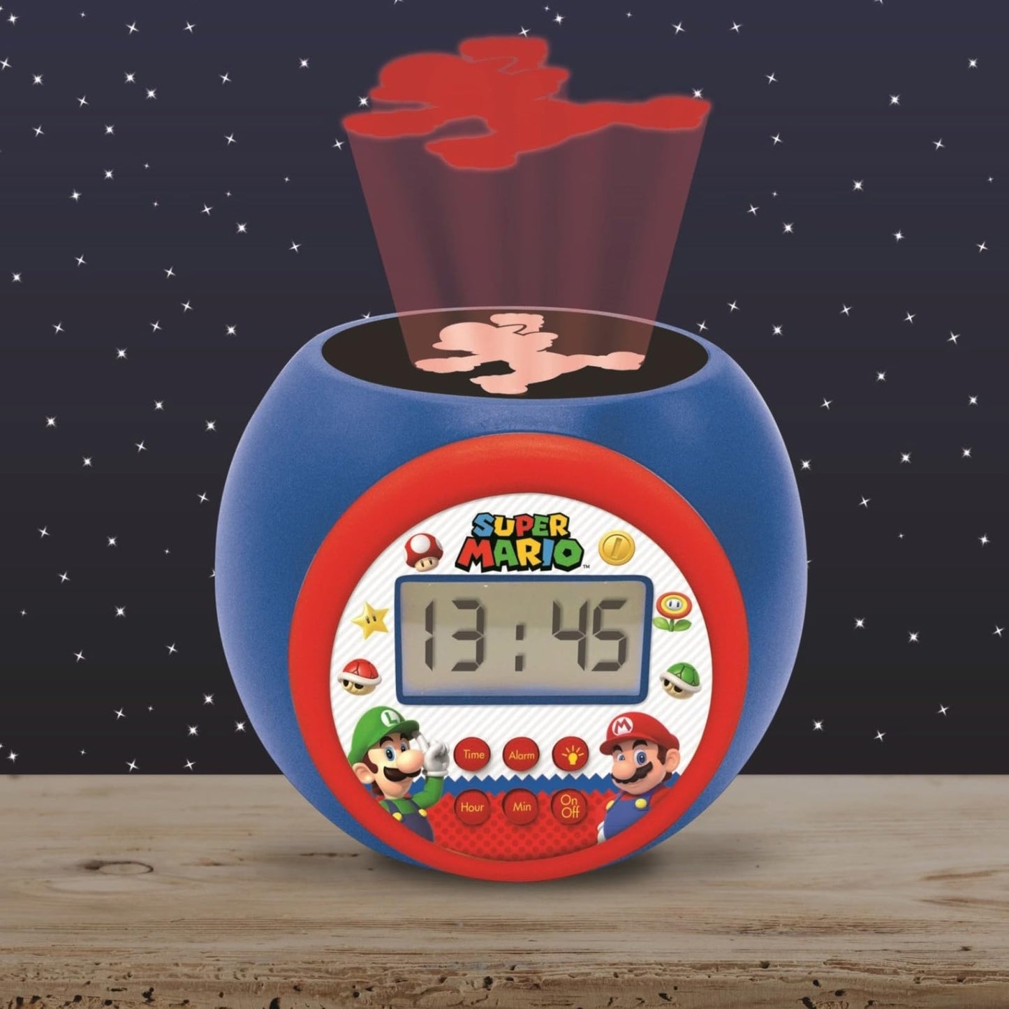 LEXIBOOK Nintendo Super Mario projector alarm clock with night light, LCD screen, snooze function, and battery operation.
