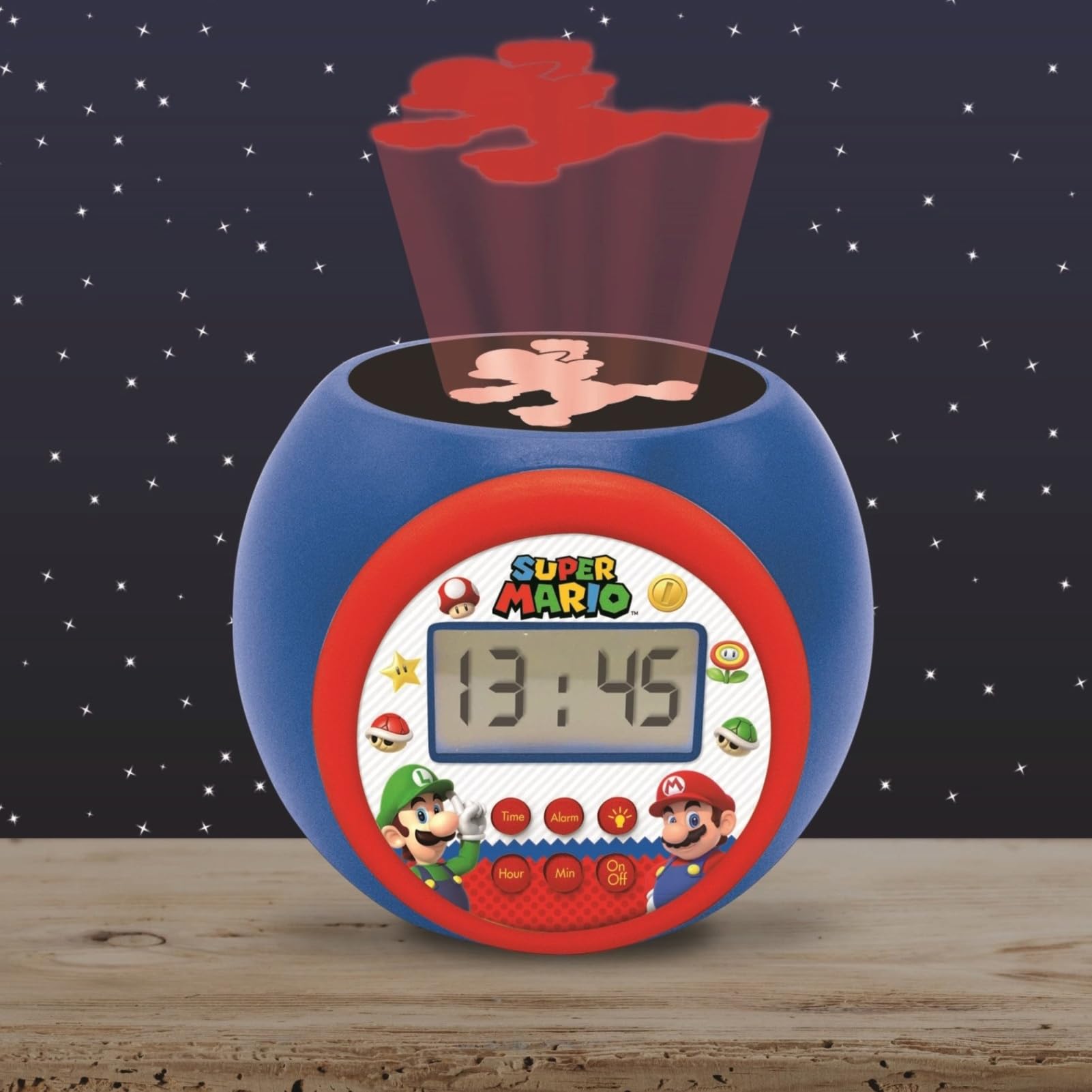 LEXIBOOK Nintendo Super Mario projector alarm clock with night light, LCD screen, snooze function, and battery operation.