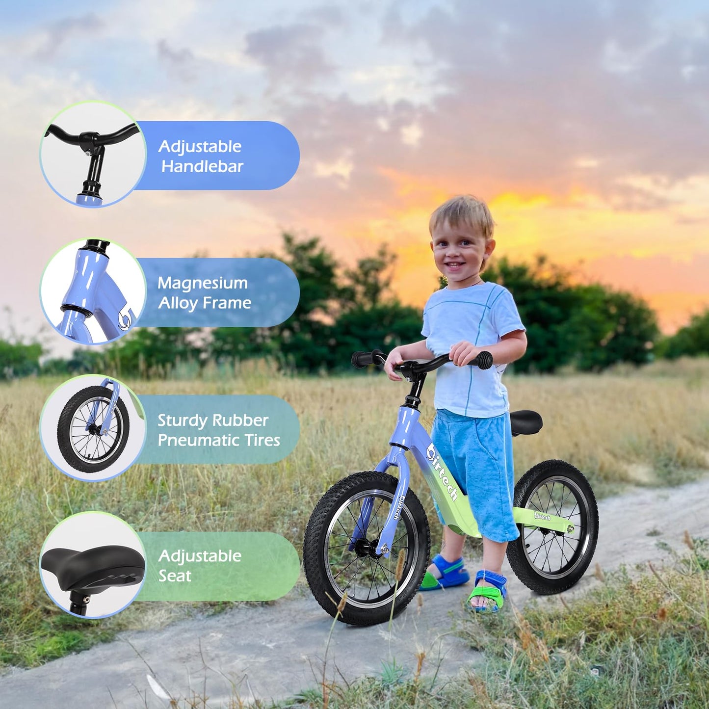 Hello-5ive 14" Kids Balance Bike for 3,4,5,6 Year Old Boys and Girls, Air Tires with Magnesium Alloy Frame, Lightweight No Pedal Toddler Training Bicycle (green&blue)