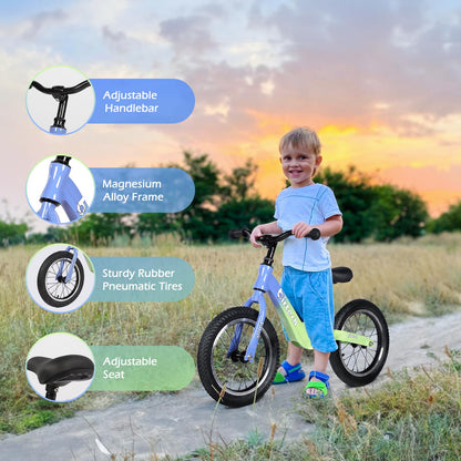 Hello-5ive 14" Kids Balance Bike for 3,4,5,6 Year Old Boys and Girls, Air Tires with Magnesium Alloy Frame, Lightweight No Pedal Toddler Training Bicycle (green&blue)