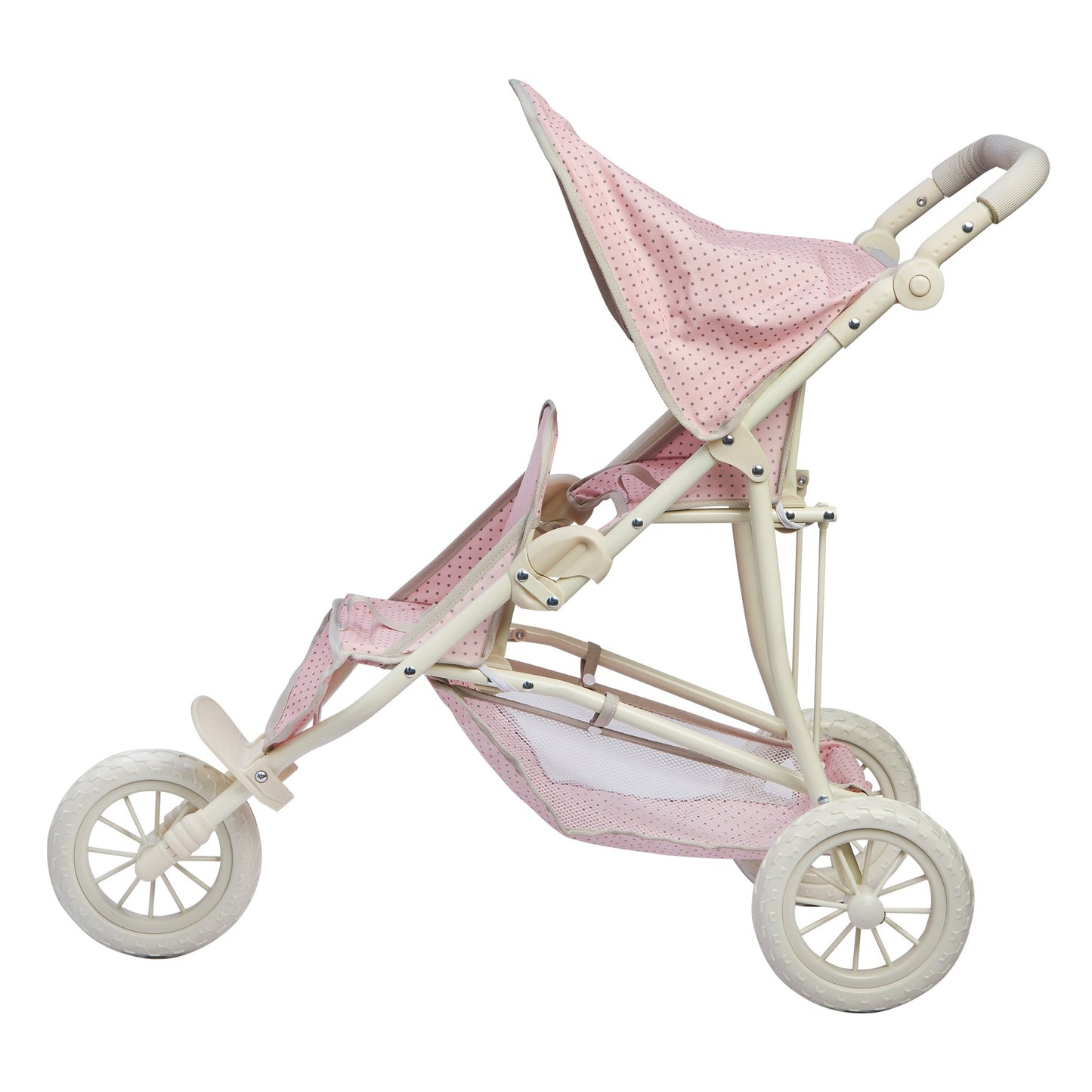 Olivia's Little World Double Jogging-Style Pram for Baby Dolls with Tandem Seating for Dolls and Stuffed Animals with a Retractable Canopy, Storage Basket, All-Terrain Wheels, Cream and Pink with Grey