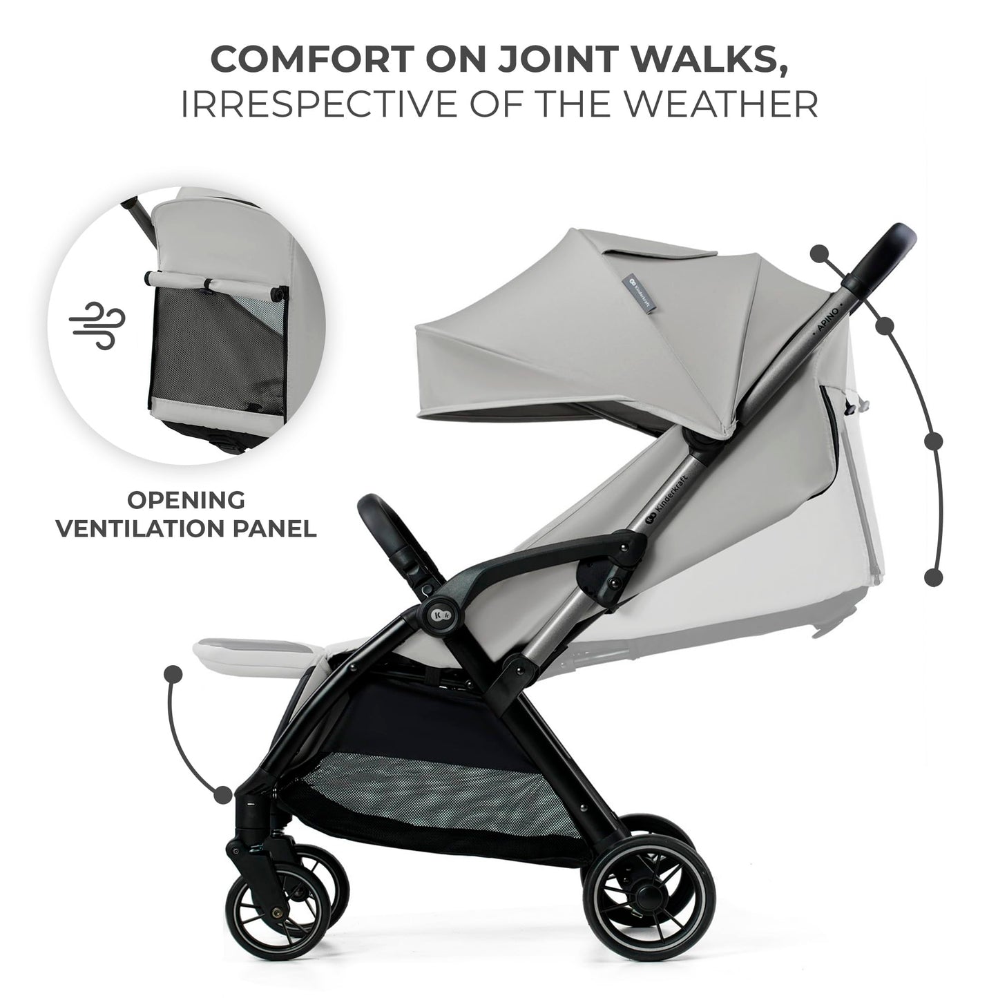 Kinderkraft APINO Pushchair, Reclining Buggy, Sports Pushchair, Lightweight, Gray