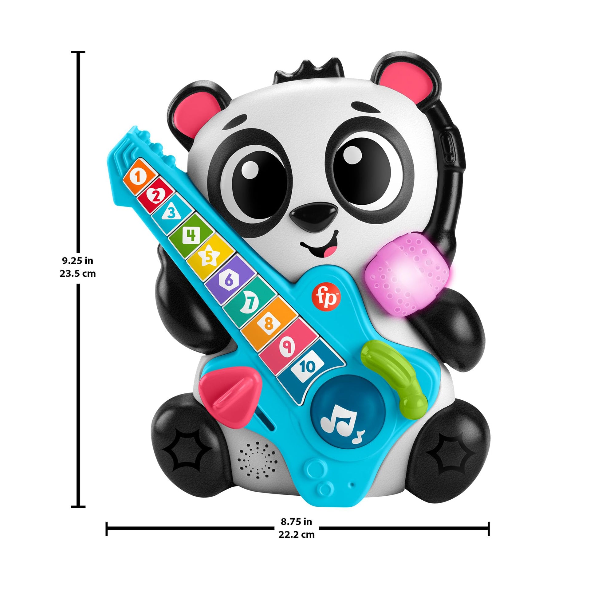Fisher-Price Baby Learning Toy Link Squad Jam & Count Panda with music, lights, and colourful design for babies 9+ months old.