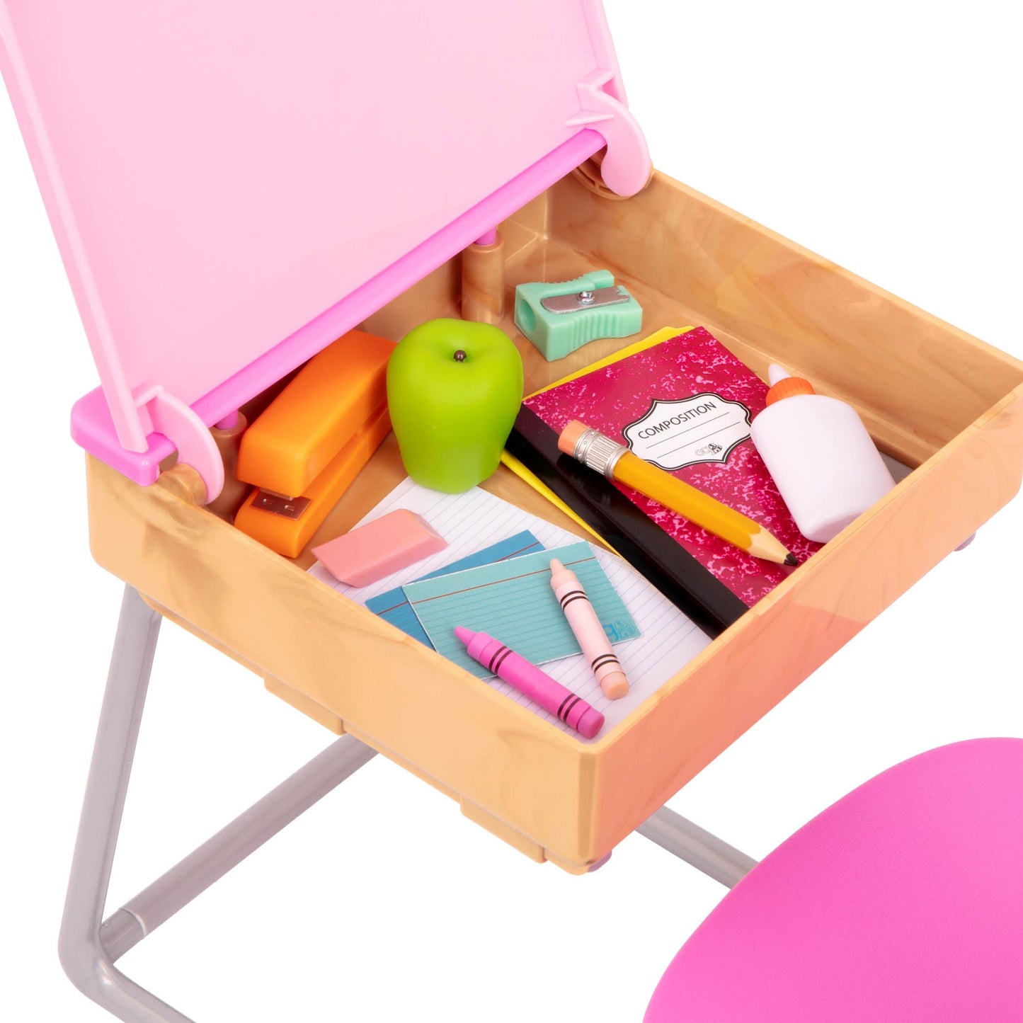 Our Generation Flying Colours Set featuring a school desk and classroom supplies for 18-inch dolls, 46-piece playset.