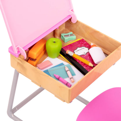 Our Generation Flying Colours Set featuring a school desk and classroom supplies for 18-inch dolls, 46-piece playset.
