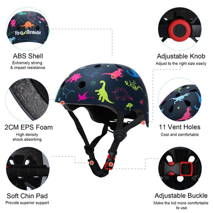 YOOXARMOR Adjustable Kids Bike Helmet Set with Knee Pads Elbow Pads Wrist guards for Toddler Age 3-5-8 Boys Girls,Child Safety Protective Gear Set for Inline Skating/Skateboard/BMX/Bike/Scooter