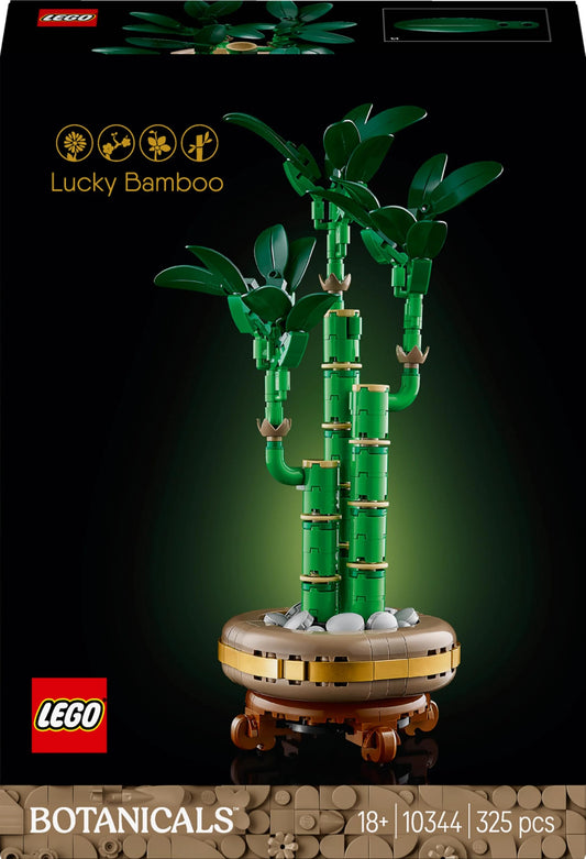 LEGO Botanicals Lucky Bamboo artificial plant in a buildable pot, featuring a wood-effect plinth for indoor home decor.