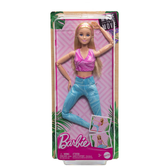 Barbie Made to Move doll with blonde hair in pink sports top and blue yoga pants, showcasing 22 bendable joints.